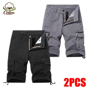 2-PCS Men's Cotton Cargo Shorts with Multi Pockets, Drawstring Hem Utility Shorts for Outdoor Work Hiking, Classic Summer Casual Shorts for Daily Wear