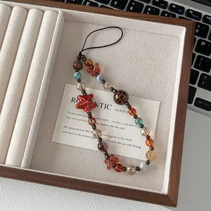 Starfish mobile phone chain lanyard retro brown leopard print chain wrist crystal beaded butterfly lanyard new pendant Maillard premium ccd camera pendant anti-lost bracelet wristband case Phone Charms Phone Accessory