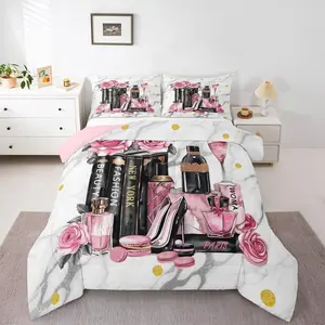 Feelyou Black Pink Fashion Comforter Set - Polyester Fiber Bedroom Bedding Set with Flower Perfume, High Heels, Books, Champagne, Romantic Makeup, Paris Themes, U-Stitching, Multi-Size, Travel Ready for Girls