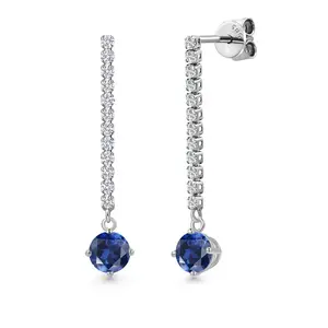 14K White Gold Blue Created Sapphire and White Lab Grown Diamond Long Liner Dangle Earrings for Women | 1.56 Cttw | Gemstone September Birthstone | Round 5MM | White Gold Chain Drop Earrings