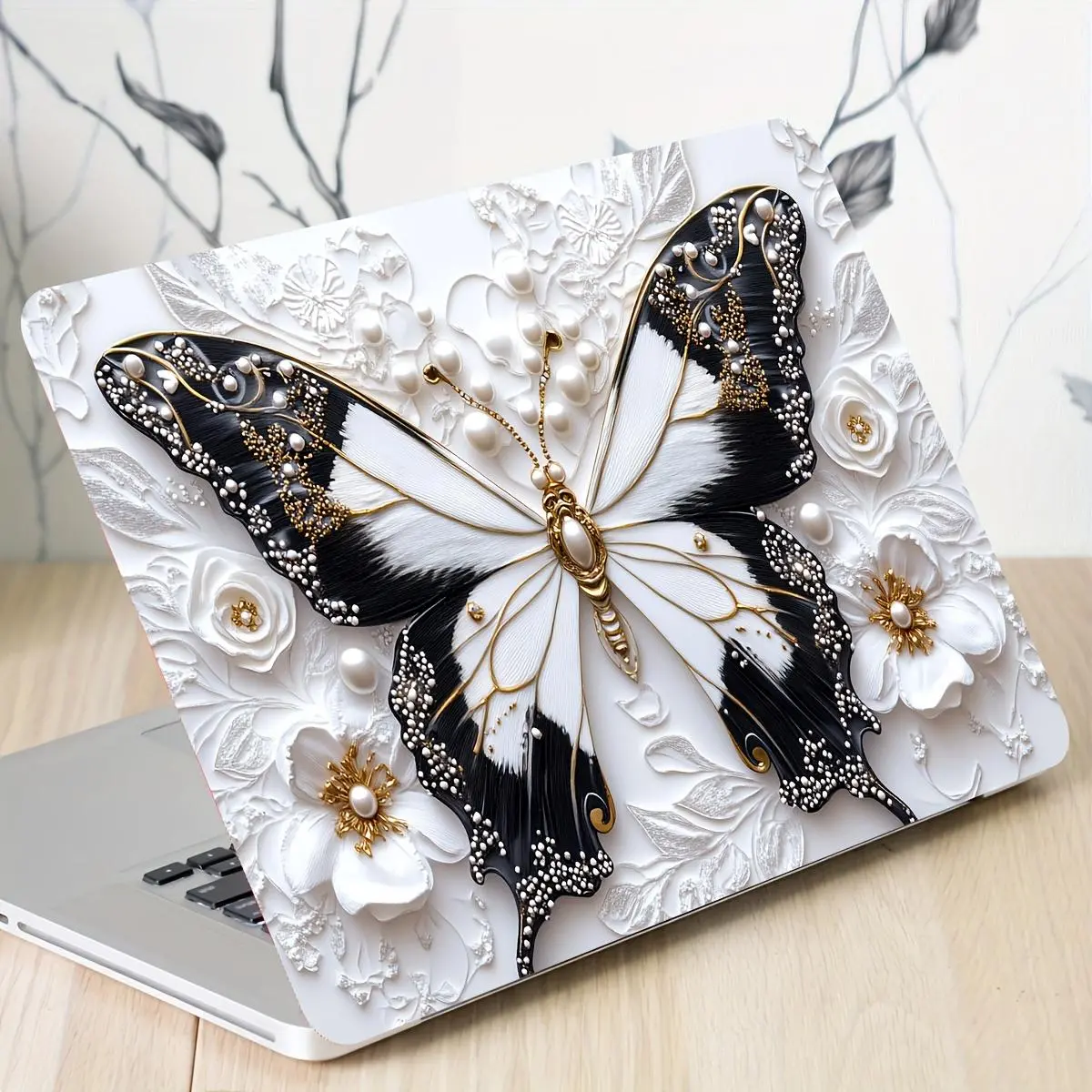 Butterfly & Flower Pattern Elegant Chic Laptop Skin Sticker, Waterproof & Scratch Resistant Laptop Skin Sticker, Universal Laptop Decorative Sticker, Decorative Decal, Butterfly Stickers