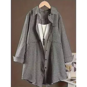 Plus size women's fashionable checkered collar shirt, casual loose long sleeved button up top, comfortable and fashionable daily shirtRAIMENTRY