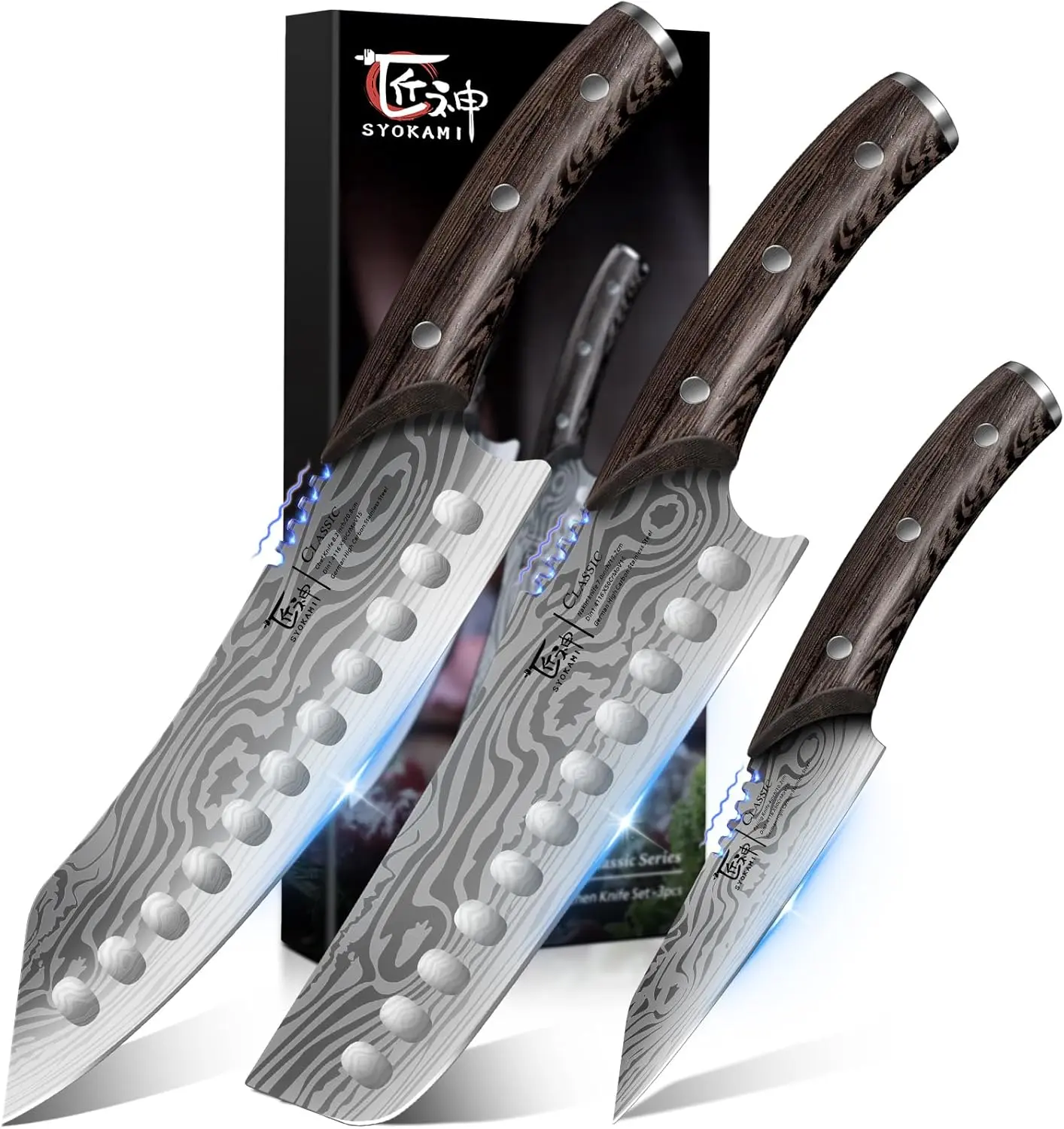 【DealsForYouDays】SYOKAMI 3-Piece Japanese Style German Steel Kitchen Knife Set - 8.2" Kiritsuke, 7.2" Nakiri, 4" Paring for Precision Cutting, Damascus Pattern, Ergonomic Full Tang Wooden Handle, Premium Gift Box, Mother's Day Cooking Gift, Three Pieces