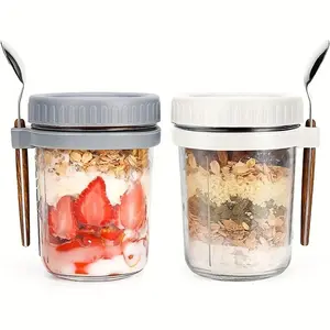 2 Pack Overnight Oats Containers with Lid and Spoon, Sealable Container, Portable Breakfast Oatmeal Cups, 350ML Fruit Salad Food Storage Box, Kitchen Utensils, Overnight Oats Jar, Leakproof Airtight Containers