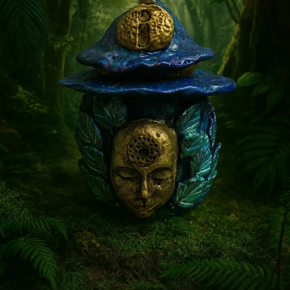 Gaia's Secret Stash Jar Handcrafted Witchy Vessel with Gold Face and Blue Leaves Design