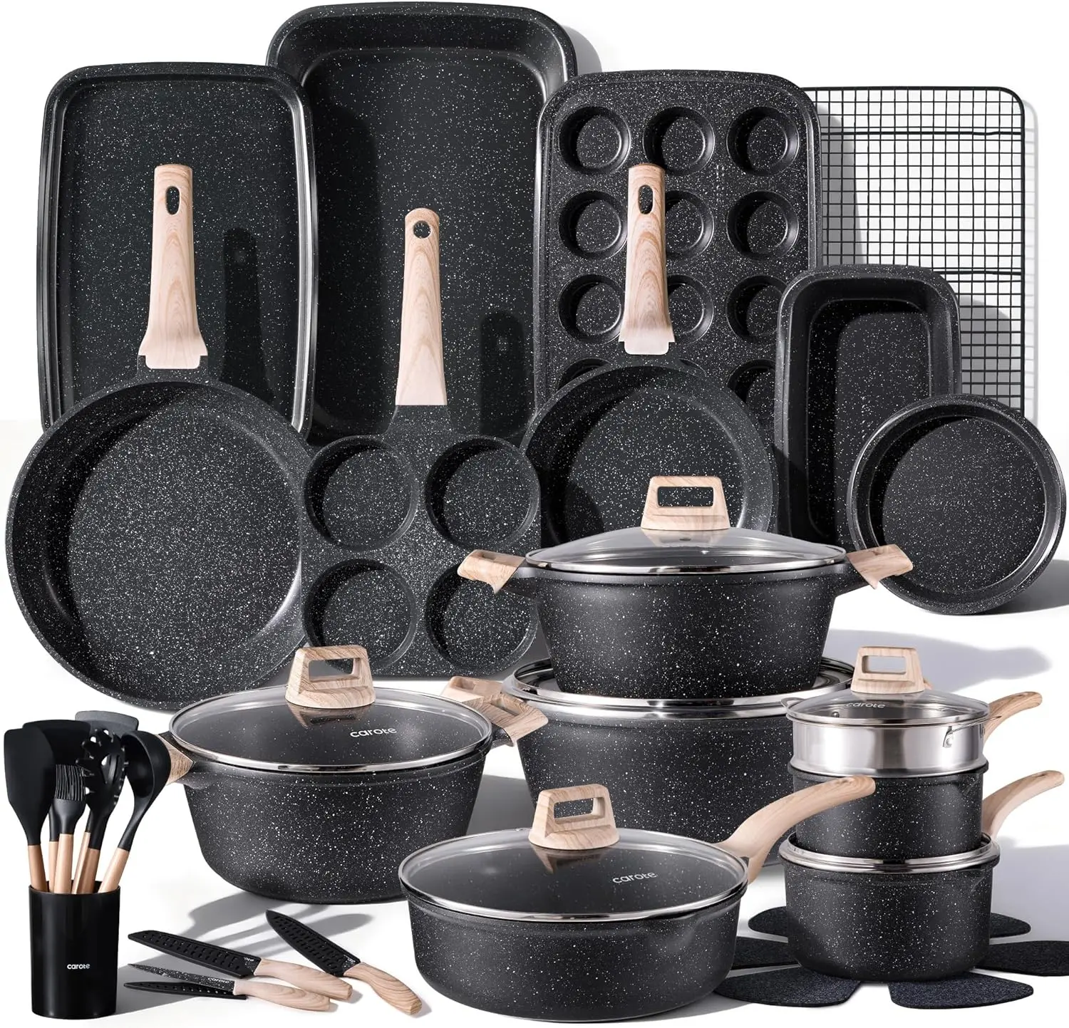 44pcs Cookware Sets - CAROTE Pots and Pan Set Nonstick, Cooking Set Non Stick, Induction Cook Ware with Bakeware Set, Kitchen Knife Set