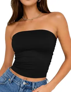 Women's Double-Lined Strapless Solid Color Seamless Bandeau - Backless Summer Crop Tank, High Stretch Soft Fabric, Lady's Daily & Going-Out Essential Basic Womenswear