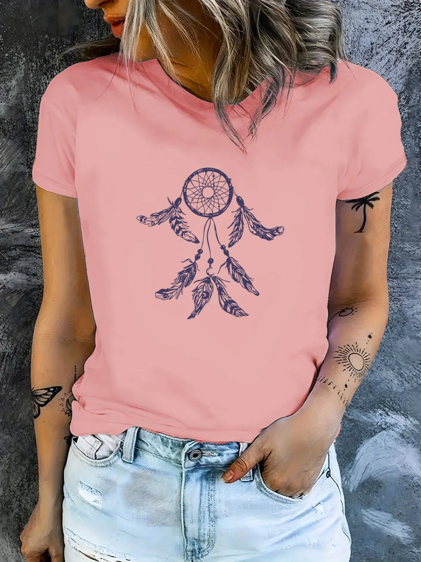 Women's Dream Catcher Print Round Neck Tee, Cute Short Sleeve Casual Womenswear T-Shirt for Daily Wear, Ladies Clothes for All Seasons