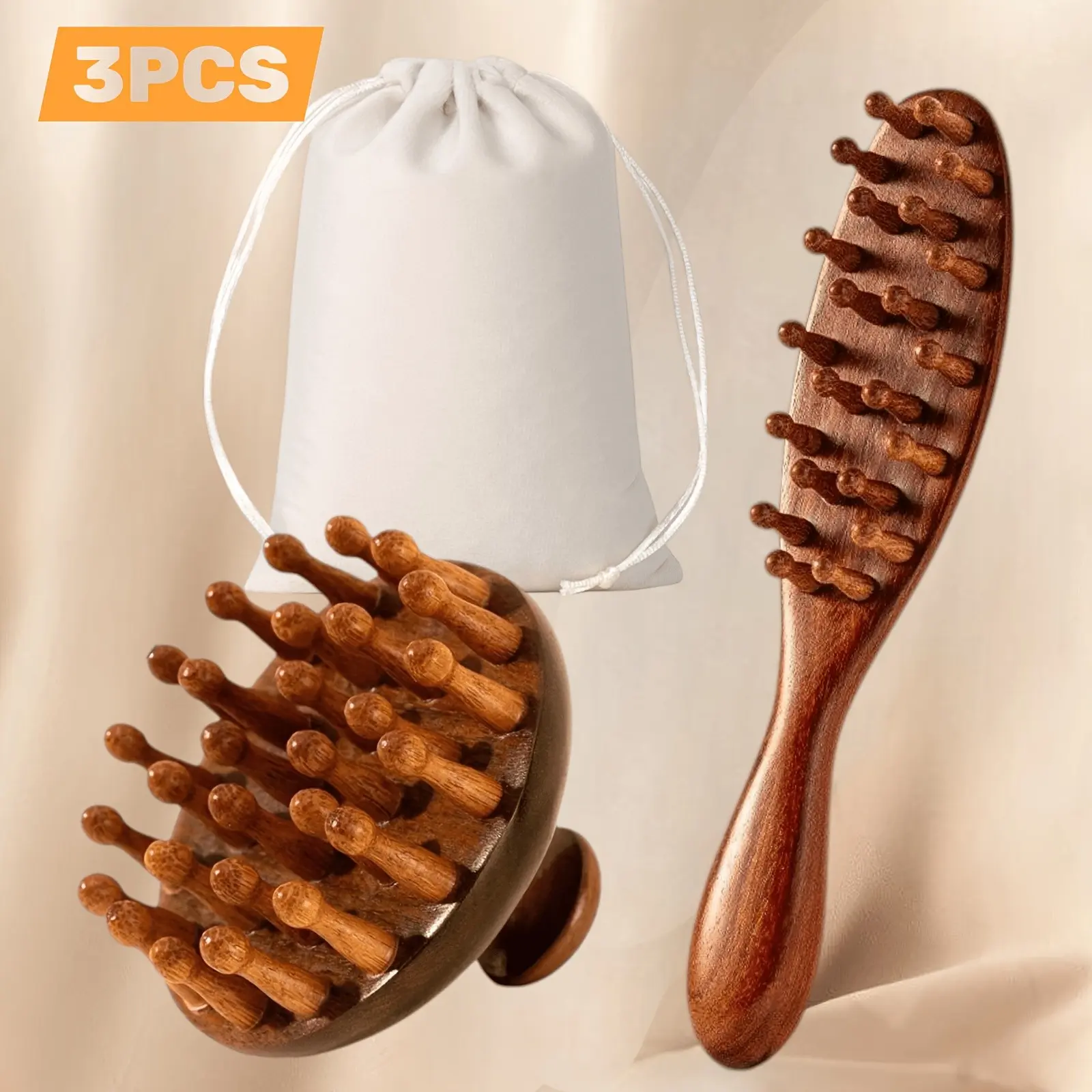 3pc Sandalwood Gentle Massage Comb Set, Half Moon Air Cushion Comb, Acupressure Massage Comb, Pumpkin Massage Head Comb, Free Mesh Pouch, Relaxation Aid