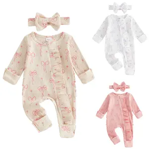 Newborn Coming Home Outfit Infant Baby Girls Ruffle Long Sleeve Romper Cute Sweat Bow Print Ribbed Knit Sweatshirt Jumpsuit Spring Warm Pajamas