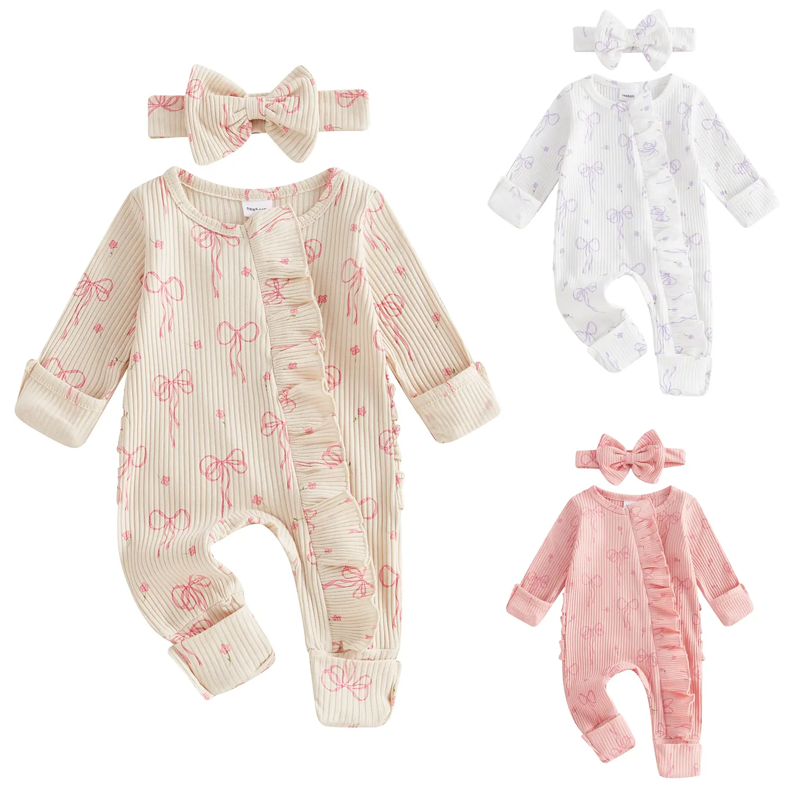 Newborn Coming Home Outfit Infant Baby Girls Ruffle Long Sleeve Romper Cute Sweat Bow Print Ribbed Knit Sweatshirt Jumpsuit Spring Warm Pajamas