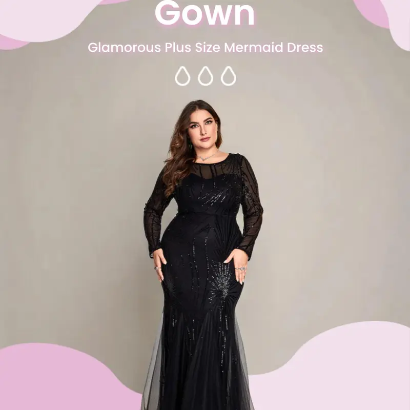 Plus Size Contrast Mesh Sequin Tulle Evening Dress, Elegant Long Sleeve Round Neck Mermaid Dress For Party Formal Occasions, National Day Clothing, Women's Clothes For Spring & Fall