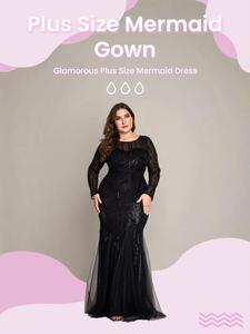 【 plus size】 contrast mesh sequin maxi evening dress, holiday dresses, elegant formal wear, long sleevep mermaid dress for party formal occasions, elegant and classy formal dresses, women's longsleeves clothes for spring & fall, lady womenswear