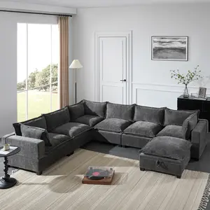[4 items delivered] Niccae 117.5-inch modular sofa with movable storage footstool, 7-seat U-shaped sofa, spacious seating, freely combinable, extra-large chenille sofa, suitable for living rooms and apartments, gray and beige.