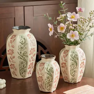 Vintage Crackle Glaze Ceramic Vase, Hand Carved Floral Pattern, Medieval French Country Style, Bohemian Home Decor