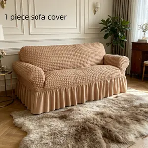 1piece Solid Color Bubble Satin Sofa Cover, Anti-Slip Elastic Pet-Friendly Sofa Protector, Home Living Room Furniture Guard