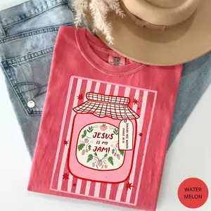 Jesus Is My Jam Comfort Colors T-Shirt, Strawberry Jam Jar Graphic Tee, Cute Pink Christian Shirt, Trendy Faith Aesthetic Top