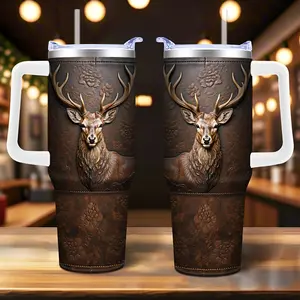 1pc, Deer Cup with Lid and Straw, 40oz Stainless Steel Insulated Water Bottle with Handle, Portable Water Cup, Suitable for Car, Winter and Summer Drinkware, Deer Hunting Gift, Birthday Gift