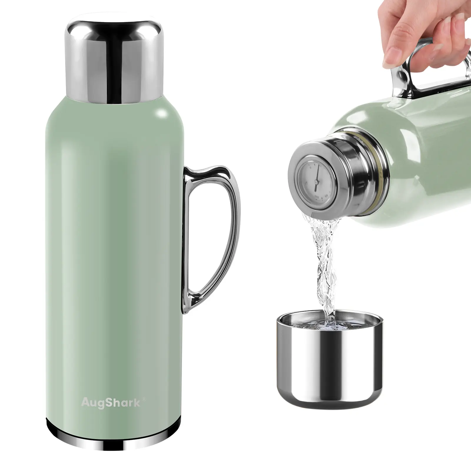 AugShark 34oz Insulated Stainless Steel Water Bottle Tumbler - Double-Wall Vacuum Flask with Handle, Temp Gauge Lid, Stopper, Pour Function - Leakproof, Portable - For Travel, Gym - Keeps Drinks Cold 36h, Hot 24h - Father's Day Gift Idea for Coffee Lovers