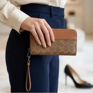 Women’s Fashion Camel Monogram Zip Around Wallet Wristlet – Style #114