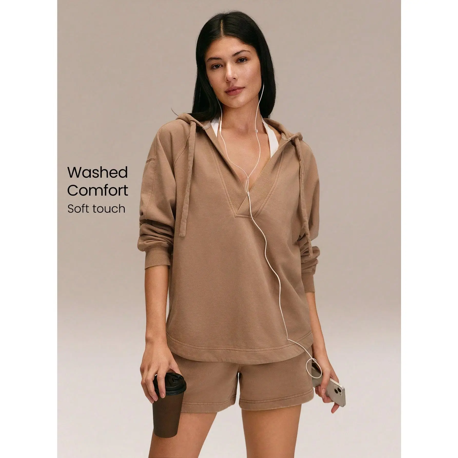 GLOWMODE Everyday Terry Cozy Motivation Soft Breathable Sweat-Wicking Vintage Wash Oversized Deep V-Neck Tunic Hoodie Sweatshirt Daily Casual Wear