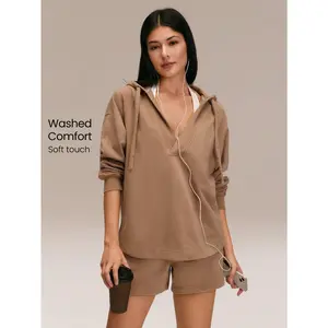 GLOWMODE Everyday Terry Cozy Motivation Soft Breathable Sweat-Wicking Vintage Wash Oversized Deep V-Neck Tunic Hoodie Sweatshirt Daily Casual Wear