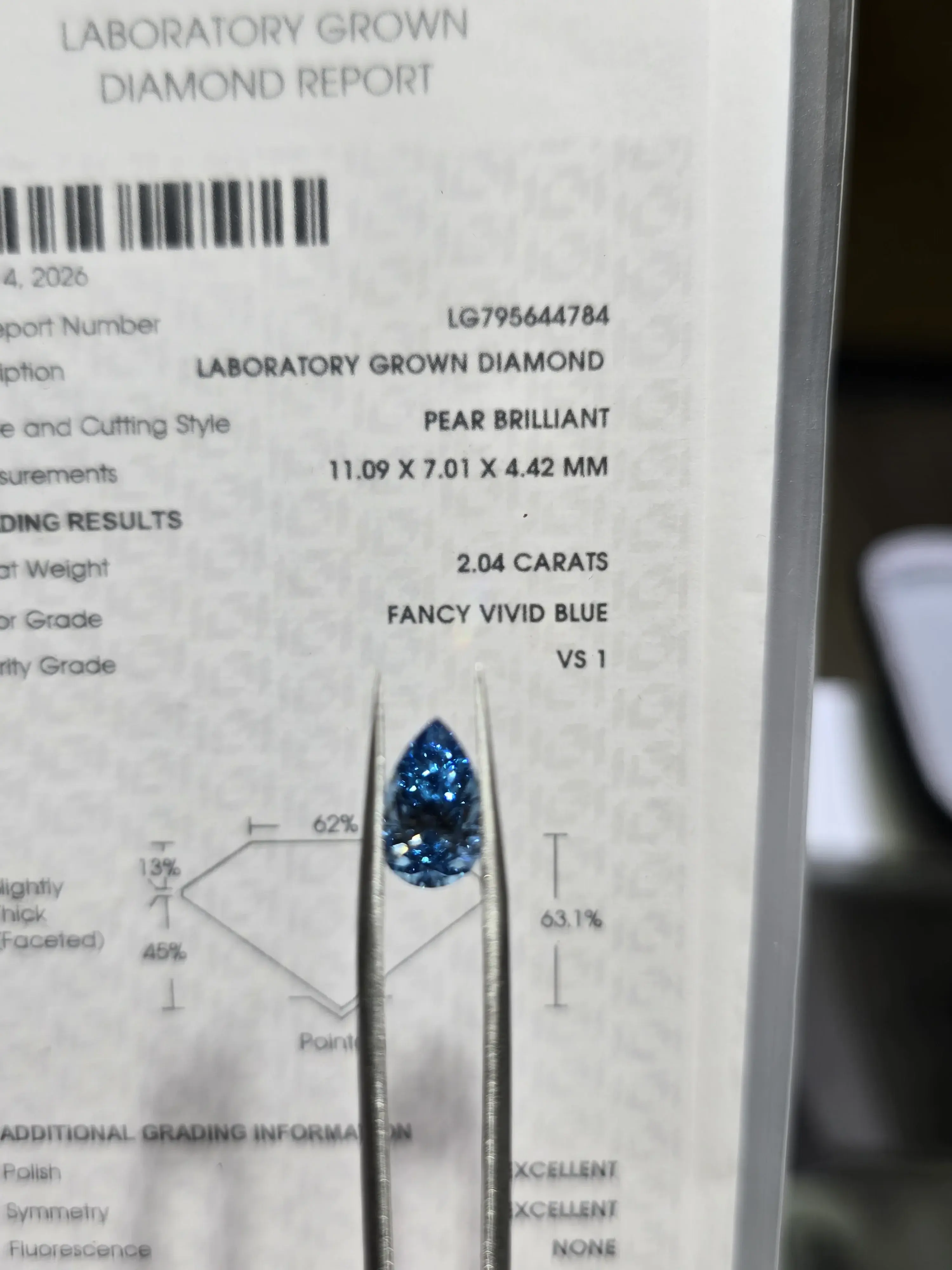 2.04ct Pear Lab Grown Diamond (Colour Fancy Vivid Blue, Clarity VS1, IGI Certified)