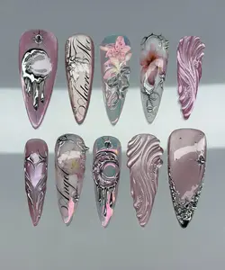 Extreme 3D Chrome Pink Stiletto Nails with Sculpted Flowers, Metallic Drip Art & Gothic Script – Luxury Fantasy Acrylic Nail Set Tutorial & Design Inspiration