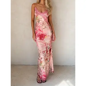 Retro Floral Lace Splicing Backless Sundress, Sexy Vacation Beach Dress, Summer Spring Long Sleeveless Party Dresses for Women, Asymmetrical Backless Dress