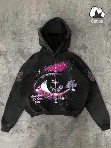 Men's Vintage Letter & Eye Print Hoodie, Casual Fitted Sweatshirt, Streetwear, Hip Hop, Rap, Gym, Outdoor, Fall & Winter