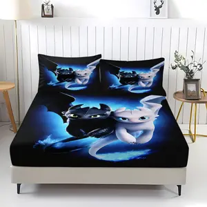 How to Train Your Dragon Fitted Sheet Set (3-Piece, 1 Fitted Sheet + 2 Pillowcases, No Pillow Inserts Included), Toothless & Light Fury Print, Soft Bedding, Perfect for Kids' Bedroom Decor, Ideal Gift for Dragon Fans, Bed Sheets Set