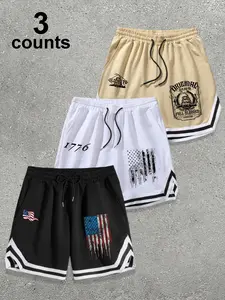 Men's 3-Pack Sporty Shorts, Drawstring Waist, Side Stripe Decor, American Street Style, Printed Design, Casual Wear, Gym & Daily, Striped Print Shorts