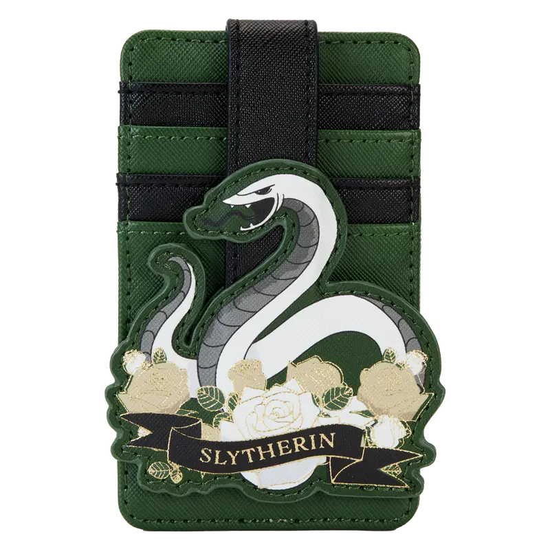 Harry Potter Slytherin Saffiano Vegan Leather ID Card Holder with Floral Tattoo Applique and Foil Details, Themed Cardholder, Card Slot, Polyurethane, Snaps