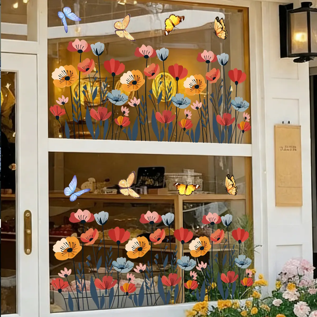 A set (30*60cm*2pcs) hand-painted spring and summer natural butterfly and flower cluster flat electrostatic stickers for decorating shop windows and beautifying home backgrounds Decorative Sticker