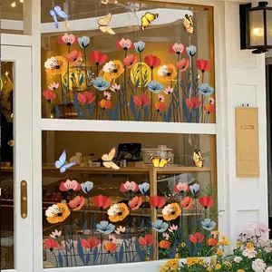 A set (30*60cm*2pcs) hand-painted spring and summer natural butterfly and flower cluster flat electrostatic stickers for decorating shop windows and beautifying home backgrounds Decorative Sticker