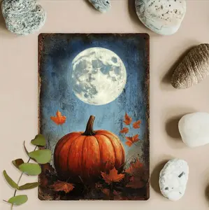 Vintage Rustic Iron Wall Art Featuring Autumn Night Moon and Pumpkin Design Ideal for Farmhouse Bedroom or Meditation Room Decor