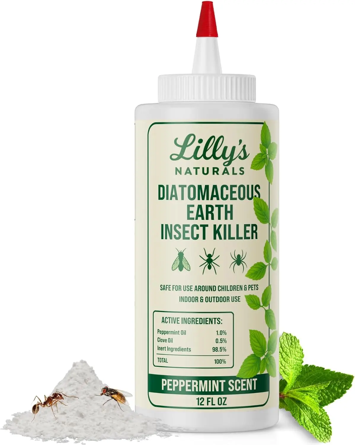 Lilly's Naturals Food Grade Diatomaceous Earth with Peppermint Oil - 12 fl oz Indoor Multi-Insect Killer Powder for Bed Bugs, Roaches, Ants