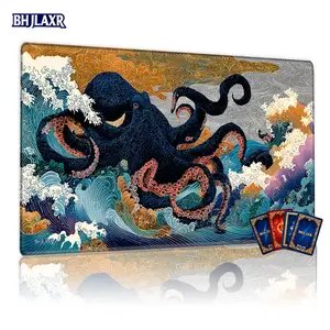 Stylized Artistic Octopus Ocean Waves TCG MTG Playmat 12x24inch Non-Slip Card Game Mat, Dynamic Game Pad for Party Home Use & Perfect Gift