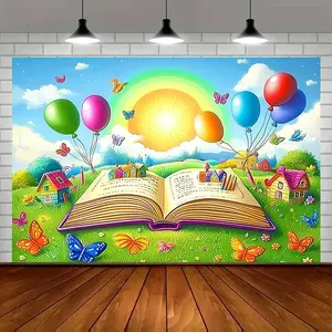 Summervibes Modern Farmhouse 1pc Large Open Book Party Banner - Polyester Backdrop with Vibrant Amber Glow, Whimsical Book Scene, Colorful Butterflies, Balloons, Party Decoration Supplies for Birthday, Home Wall Decor