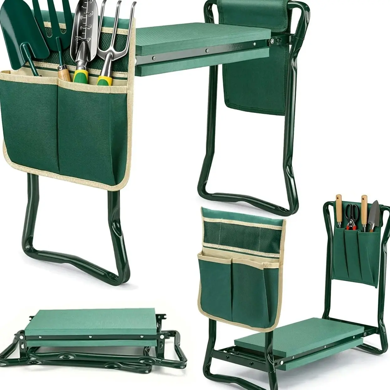 ReLuien Garden Kneeler and Seat, Heavy Duty Foldable Gardening Stool with Thick Soft Kneeling Pad and 2 Tool Pouches, Green