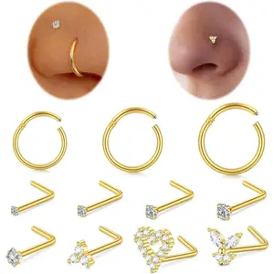 20G Nose Rings Hoop and Nose Studs Sets for Women Men, 316L Stainless Steel Hinged Clicker Segment Nose Rings Hoop Helix Cartilage Daith Tragus Earrings L Shaped Nose