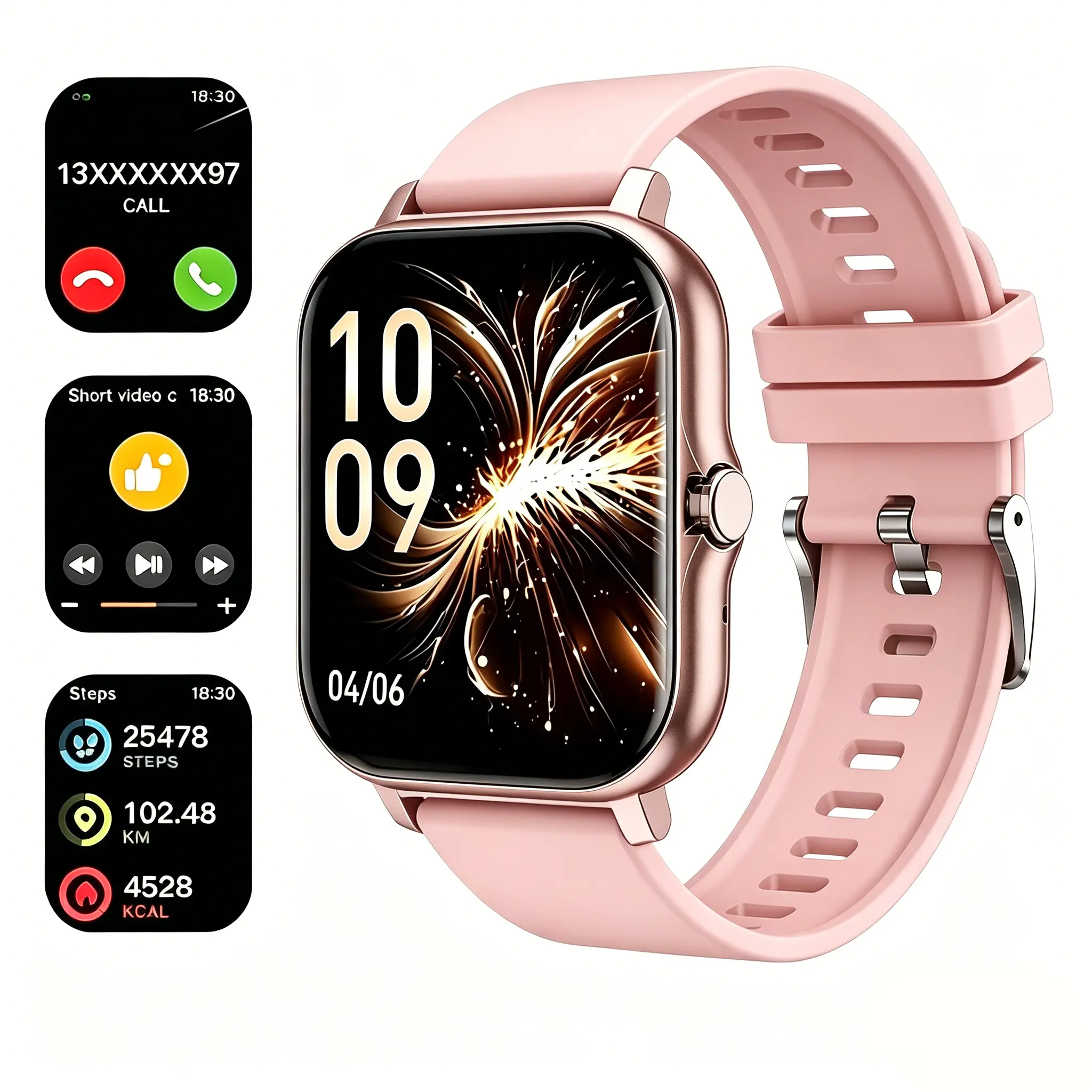 Sleek Unisex Square Smart Watch - Silicone Wearable Wristwatch Monitor with Call-Text Functions, Music Player, Music Control, Fitness Tracking, Android Bluetooth Compatibility, Budget-Friendly for Workouts, Daily Use