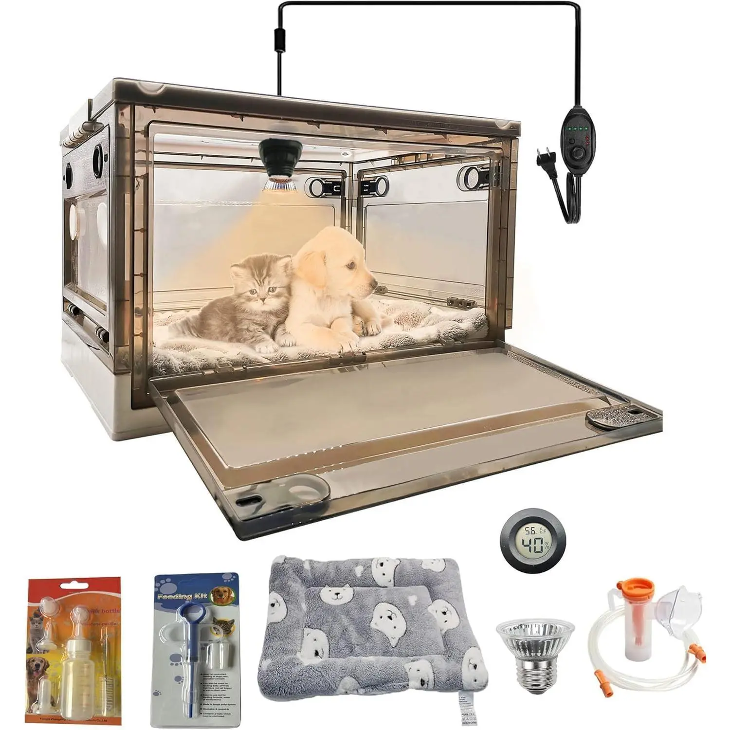 Incubator for Puppies with Heating Large Brooder Nursery Kitten Incubator for Puppies with Pet Bed Mat,Pet Medicine Feeder,Temperature Detection and Nebulization Kit 55L