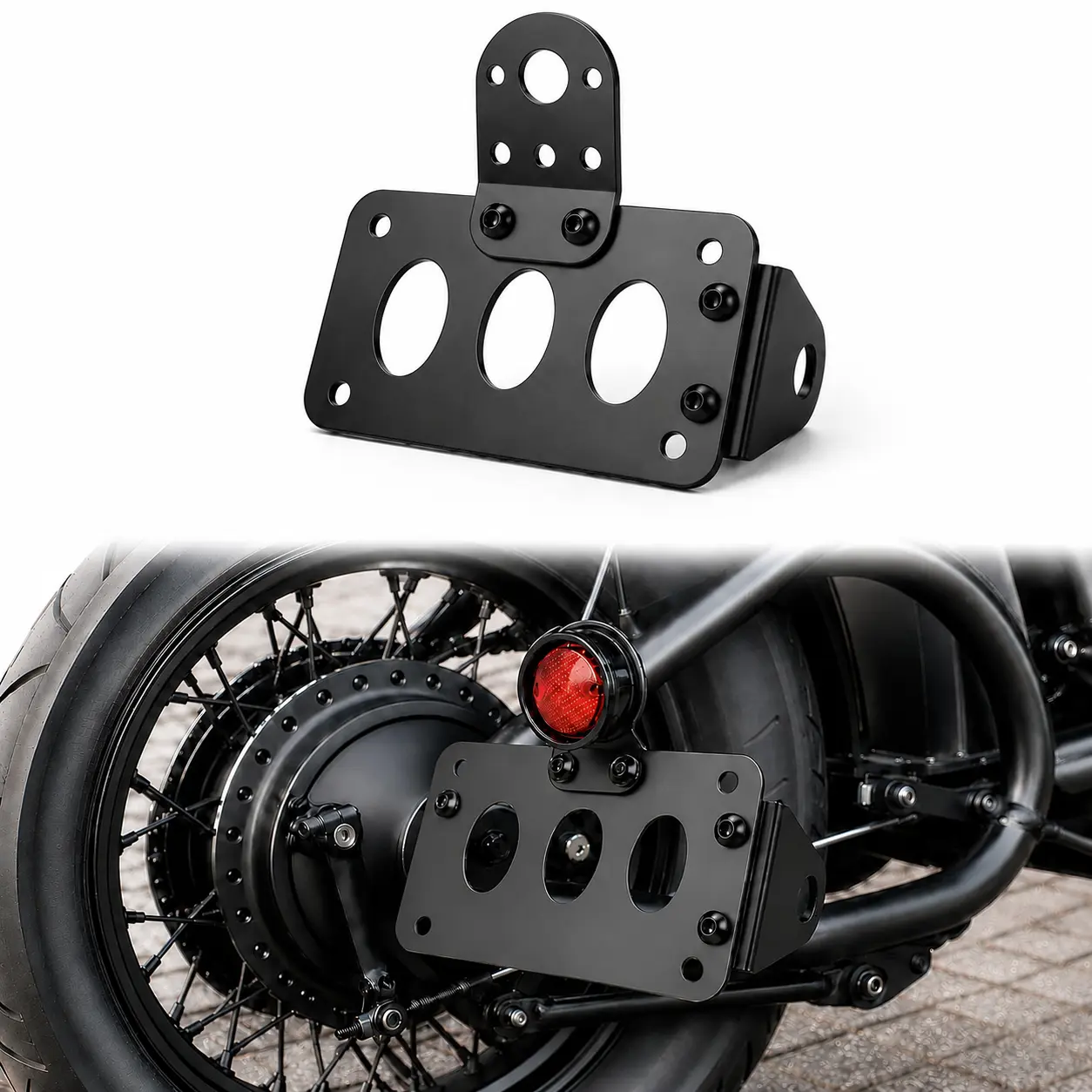 Black Side-Mount Motorcycle License Plate Bracket Holder, 7" x 4" CNC-Cut Aluminum Rear Plate Relocation Mount with 22mm (7/8") Axle Hole, Horizontal or Vertical Left/Right Setup for Bobber Chopper Cruiser Custom Bikes motoparts