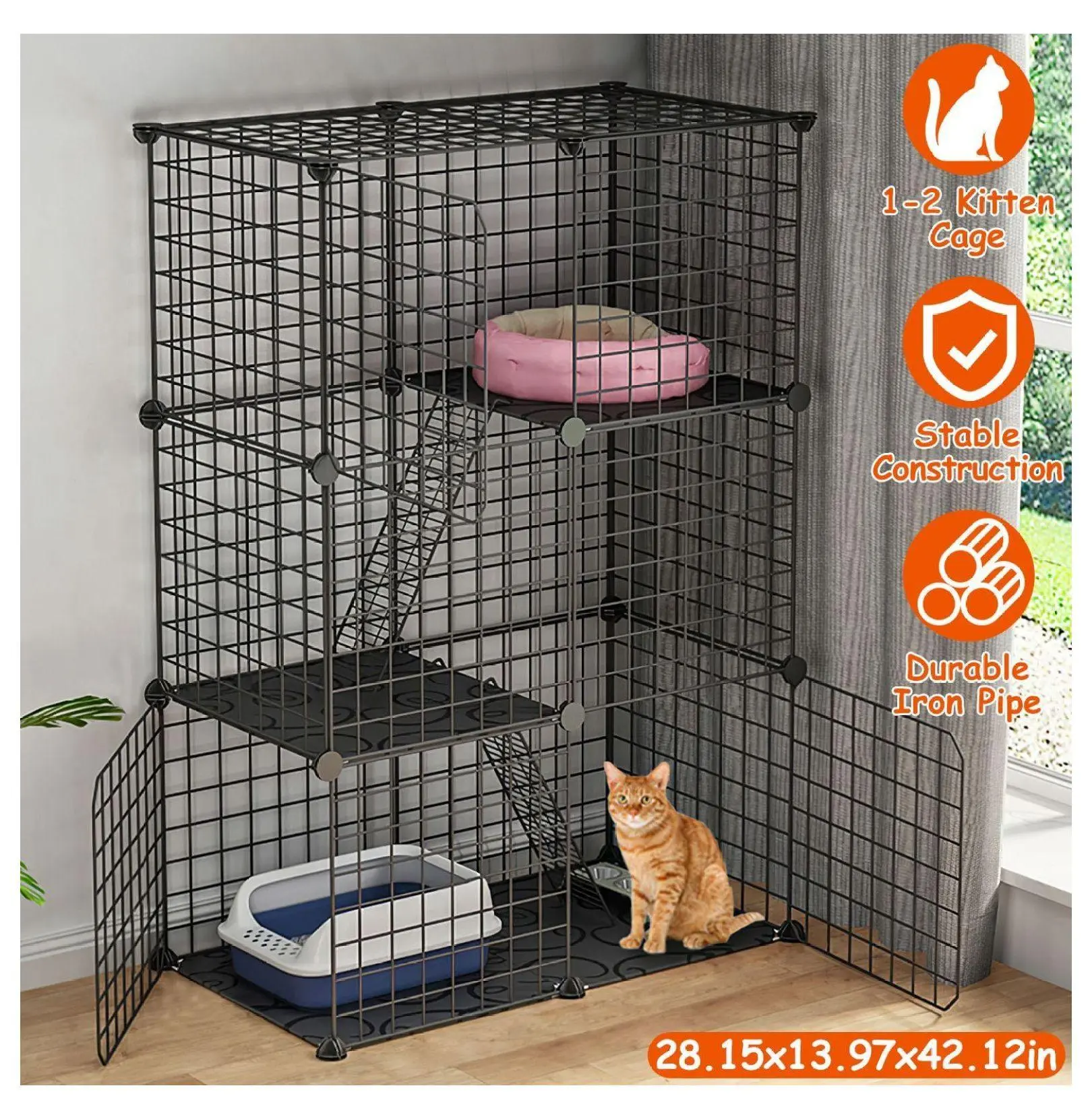 Cat Playpen Cage 3 Tier - Metal Indoor Cat House for Kittens, 1-2 Cats - Black with Doors & Ladders Cage Pen