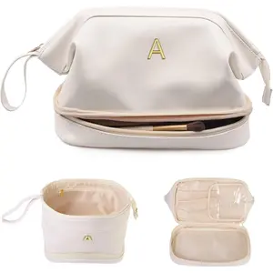 Women Gifts, Bridesmaid Gift, Initial Large Makeup Bag, Travel Essentials, Personalized Double Layer Cosmetic Bag with Makeup Brush Organizer, Toiletry Bag, Gifts for Friends Female Mom