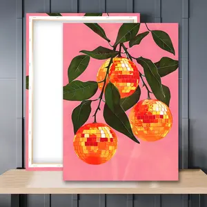 1pc Wooden Framed, Orange Disco Ball Poster, Glam Wall Art Canvas Painting, Bar Cart Print, Trendy Fruit Mirror Ball Poster, Preppy Prints Groovy Funky Home Decor, Retro Kitchen Print Print Wall Pictures