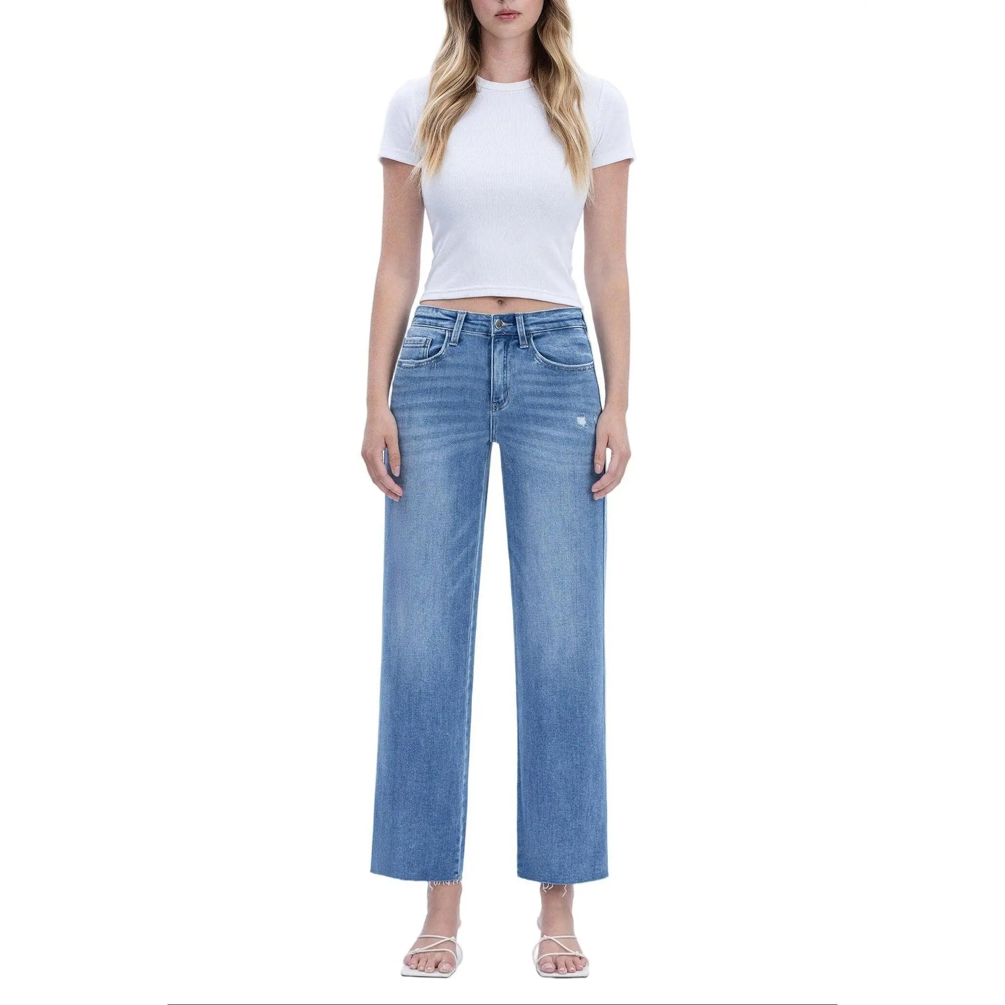 Flying Monkey Jeans - High Rise Slim Wide Leg Jeans with Raw Hem (28" Ankle Length) - F5723
