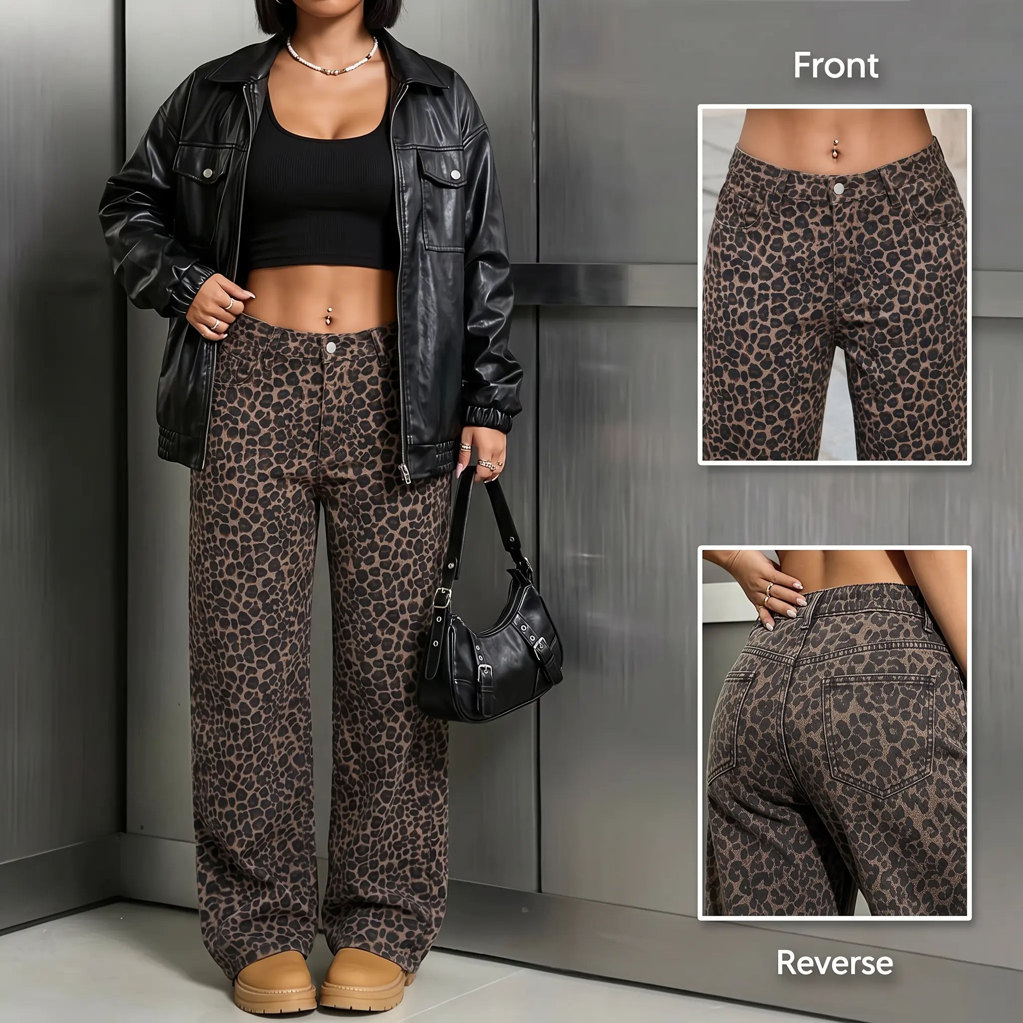 Women’s autumn/winter leopard print fleece-lined wide-leg denim jeans, mid-rise waist with metal button closure, vintage washed distressed wide-leg design, suitable for streetwear everyday wear, home, office, commuting, and casual occasions.