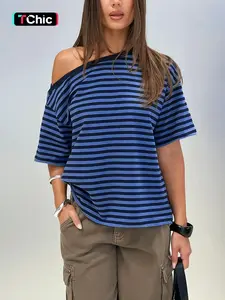 Women's Striped Off-Shoulder T-Shirt, Lightweight Casual Loose Fit Top, Comfortable Daily Wear, Trendy Summer Fashion